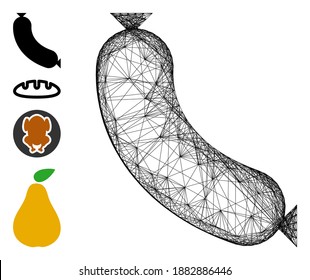 Vector wire frame sausage. Geometric hatched frame 2D network made from sausage icon, designed from crossing lines. Some bonus icons are added.