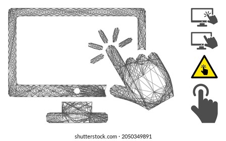 Vector wire frame screen click. Geometric wire frame 2D network made from screen click icon, designed from crossed lines. Some additional icons are added.