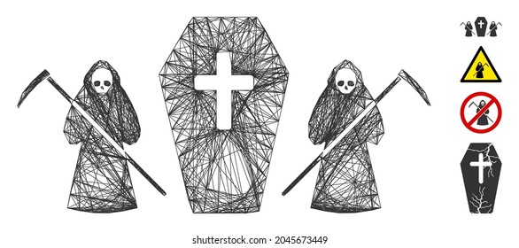 Vector wire frame scytheman coffin guard. Geometric wire carcass flat net generated with scytheman coffin guard icon, designed with crossing lines. Some bonus icons are added.