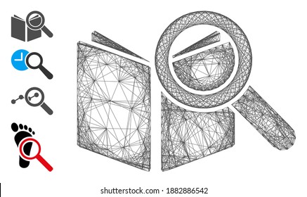 Vector wire frame search book. Geometric wire frame flat network made from search book icon, designed from crossing lines. Some bonus icons are added.