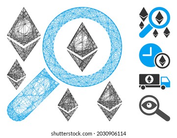Vector wire frame search Ethereum. Geometric wire frame flat network generated with search Ethereum icon, designed with crossing lines. Some bonus icons are added.
