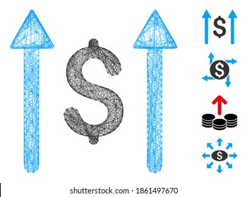 Vector wire frame send money. Geometric wire frame 2D net made from send money icon, designed from crossing lines. Some bonus icons are added.