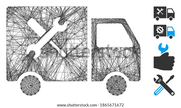 Vector wire frame service car. Geometric wire\
frame 2D net made from service car icon, designed from crossed\
lines. Some bonus icons are\
added.