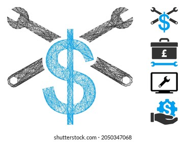 Vector wire frame service price. Geometric wire frame 2D net generated with service price icon, designed with crossing lines. Some other icons are added.