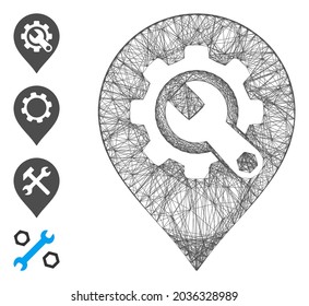 Vector wire frame service tools map marker. Geometric wire frame flat network generated with service tools map marker icon, designed with crossing lines. Some bonus icons are added.