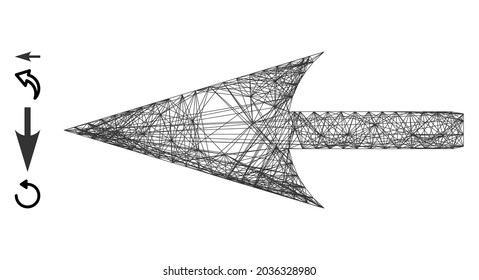 Vector wire frame sharp left arrow. Geometric linear frame flat net generated with sharp left arrow icon, designed with intersected lines. Some bonus icons are added.