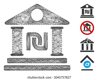 Vectordrahmen Schekelbank Gebäude. Geometrisches Drahtnetz 2D, hergestellt aus dem Shekel Bank Building Icon, entworfen mit Schnittlinien. Es werden einige Bonussymbole hinzugefügt.