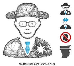 Vector wire frame sheriff. Geometric hatched carcass 2D network generated with sheriff icon, designed with intersected lines. Some bonus icons are added.
