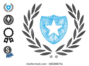 Vector wire frame shield laurel wreath. Geometric wire frame 2D network generated with shield laurel wreath icon, designed from crossed lines. Some bonus icons are added.