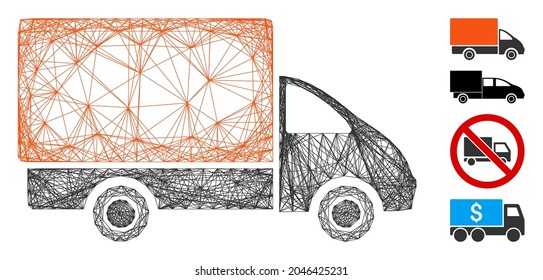 Vector wire frame shipment car. Geometric wire frame 2D network made from shipment car icon, designed with crossed lines. Some additional icons are added.
