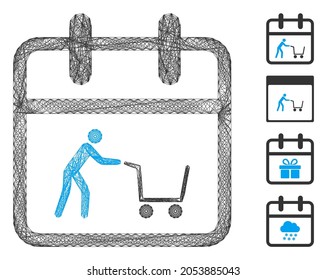 Día de compra de vectores con alambre. Red plana de armazón geométrico de alambre generada con el icono del día de la compra, diseñado con líneas cruzadas. Se agregan otros iconos.