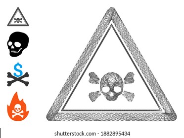 Vector wire frame skull death triangle. Geometric hatched frame 2D net made from skull death triangle icon, designed from intersected lines. Some bonus icons are added.