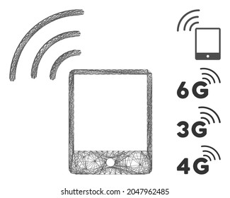 Vector wire frame smartphone Wi-Fi signal. Geometric hatched frame 2D network generated with smartphone Wi-Fi signal icon, designed with intersected lines. Some similar icons are added.