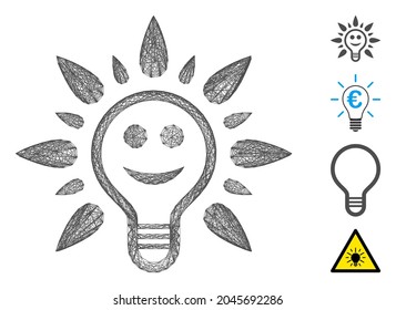Vector wire frame smile light bulb. Geometric wire frame 2D net made from smile light bulb icon, designed from crossing lines. Some bonus icons are added.