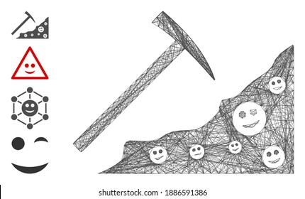 Vector wire frame smile mining. Geometric wire frame flat net made from smile mining icon, designed from crossing lines. Some bonus icons are added.