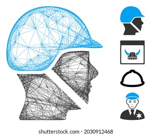 Vector wire frame soldier helmet. Geometric linear frame 2D net made from soldier helmet icon, designed from crossing lines. Some bonus icons are added.
