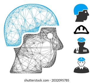 Vector wire frame soldier helmet. Geometric wire carcass 2D net made from soldier helmet icon, designed from crossed lines. Some bonus icons are added.