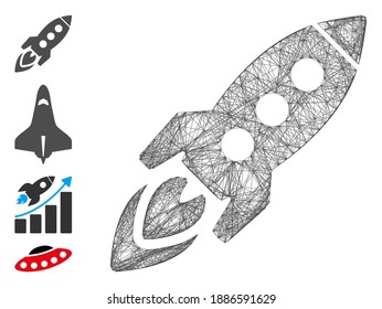 Vector wire frame space rocket. Geometric linear frame flat network generated with space rocket icon, designed with intersected lines. Some bonus icons are added.
