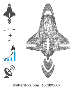 Vector wire frame space shuttle. Geometric hatched frame flat net generated with space shuttle icon, designed with crossing lines. Some bonus icons are added.