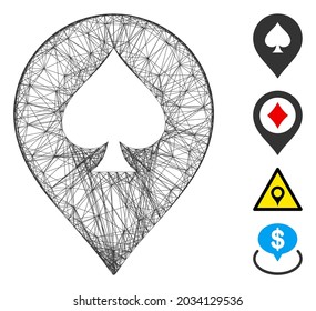 Vector wire frame spade casino marker. Geometric wire frame flat network based on spade casino marker icon, designed with crossing lines. Some bonus icons are added.