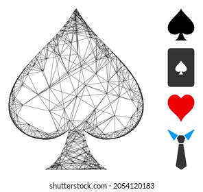 Vector wire frame spades suit. Geometric hatched frame flat network generated with spades suit icon, designed from intersected lines. Some bonus icons are added.