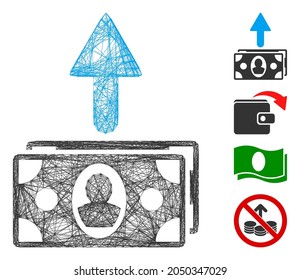 El alambre de vectores gasta billetes. Marco lineal geométrico neto 2D hecho de icono de los billetes gastados, diseñado a partir de líneas de cruce. Se agregan algunos iconos adicionales.