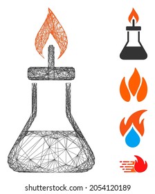 Spirituosenfeuer mit Vektordrahmen. Geometrisches Flachnetz aus Draht, erzeugt mit Spirallampe Feuersymbol, konstruiert mit Kreuzlinien. Es werden einige Bonussymbole hinzugefügt.