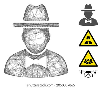 Vector wire frame spy. Geometric wire frame 2D network generated with spy icon, designed from crossed lines. Some bonus icons are added.