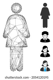 Vector wire frame standing woman. Geometric wire carcass flat network generated with standing woman icon, designed with crossing lines. Some bonus icons are added.