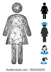 Mujer de pie con marco de alambre de vectores. Red 2D de marco con trama geométrica generada con icono de mujer de pie, diseñada con líneas interseccionadas. Se añaden algunos iconos adicionales.