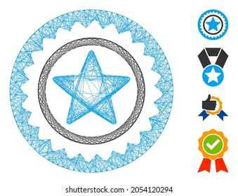 Sello de medalla de la estrella del marco del vector. Red plana de armazón geométrico de alambre generada con icono de sellado de medallas estrella, diseñada con líneas de cruce. Se añaden algunos iconos adicionales.