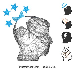 Vector wire frame stars hit head. Geometric hatched frame flat net made from stars hit head icon, designed from crossing lines. Some additional icons are added.