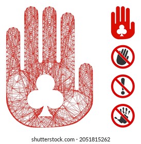 Vector wire frame stop gambling hand. Geometric wire carcass 2D network generated with stop gambling hand icon, designed with intersected lines. Some bonus icons are added.