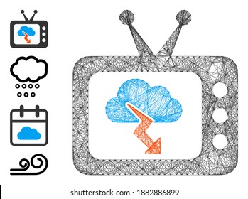 Predicción de TV por tormenta con marco de alambre de vectores. Red 2D de marco geométrico de alambre generada con icono de previsión de tormenta de TV, diseñada con líneas de cruce. Se añaden algunos iconos adicionales.