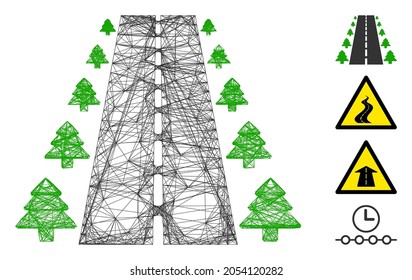 Vector wire frame straight road alley. Geometric wire frame flat net made from straight road alley icon, designed with intersected lines. Some bonus icons are added.
