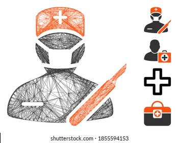Vector wire frame surgeon. Geometric wire carcass 2D network generated with surgeon icon, designed with crossing lines. Some bonus icons are added.