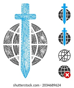 Vector wire frame sword globe. Geometric wire carcass flat net made from sword globe icon, designed from crossing lines. Some bonus icons are added.