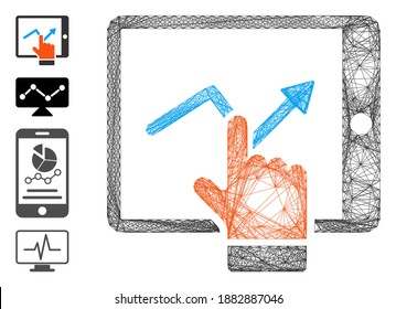 Vector Wire Frame Tablet Report. Geometric Hatched Carcass 2D Network Made From Tablet Report Icon, Designed From Intersected Lines. Some Bonus Icons Are Added.