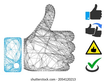 Vector wire frame thumb up. Geometric wire frame 2D net made from thumb up icon, designed from crossing lines. Some bonus icons are added.