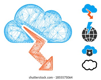 Vector wire frame thunderstorm. Geometric wire frame flat network generated with thunderstorm icon, designed from crossed lines. Some bonus icons are added.