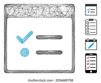 Vector wire frame todo items calendar page. Geometric wire carcass 2D net made from todo items calendar page icon, designed from intersected lines. Some bonus icons are added.