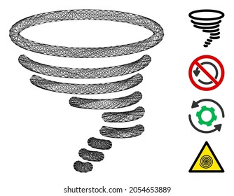Vector wire frame tornado. Geometric wire carcass 2D network generated with tornado icon, designed from crossing lines. Some bonus icons are added.