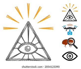 Vector Wire Frame Total Control Eye Pyramid. Geometric Wire Frame Flat Net Made From Total Control Eye Pyramid Icon, Designed With Crossed Lines. Some Bonus Icons Are Added.