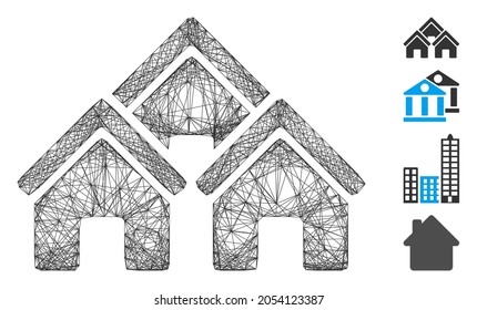 Vector wire frame town buildings. Geometric wire frame 2D network made from town buildings icon, designed with crossed lines. Some bonus icons are added.
