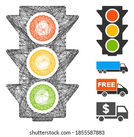Vector wire frame traffic lights on. Geometric wire frame 2D network generated with traffic lights on icon, designed from intersected lines. Some bonus icons are added.