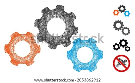Vector wire frame transmission gears. Geometric wire frame flat network made from transmission gears icon, designed from crossed lines. Some similar icons are added.
