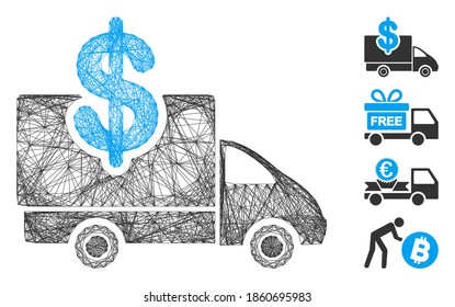 Transportkosten für Vektor-Drahtrahmen. Geometrischer Drahtrahmen 2D netto aus dem Transportkostensymbol, entworfen aus gekreuzten Linien. Es werden einige Bonussymbole hinzugefügt.