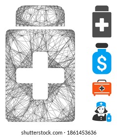 Vector wire frame treatment vial. Geometric wire frame 2D network made from treatment vial icon, designed with intersected lines. Some bonus icons are added.