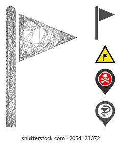 Vector wire frame triangle flag pointer. Geometric hatched frame flat net generated with triangle flag pointer icon, designed with crossing lines. Some bonus icons are added.