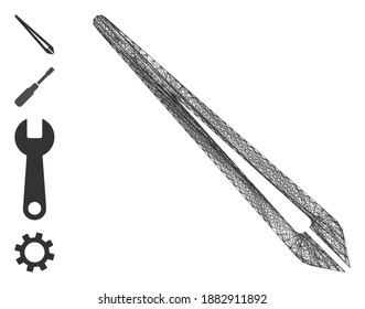 Vector wire frame tweezers. Geometric wire frame 2D network made from tweezers icon, designed from crossing lines. Some bonus icons are added.